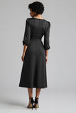 Plum Ruffled Satin A Line Midi Wedding Guest Dress
