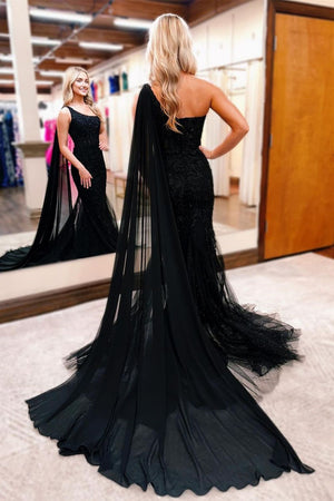 Black Beaded Mermaid Lace One Shoulder Long Prom Dress With Shawl