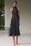 Pink A Line High Neck Ruched Tea Length Satin Formal Dress