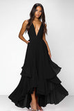 Red Deep V Neck Ruched Ruffles A Line Long Formal Dress