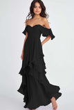 Ruffled Pleated Lilac Off the Shoulder A Line Long Formal Dress