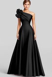 Navy A-Line Ruffled One Shoulder Satin Long Prom Dress