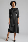 Plum Ruffled Satin A Line Midi Wedding Guest Dress