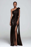 Metallic Ruched Brown One Shoulder Maxi Dress With Slit