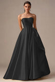 Yellow Strapless Satin A Line Long Formal Dress