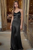 Spaghetti Straps Satin Black Sheath Long Formal Dress