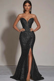 Sparkly Gold Sequins Strapless Mermaid Long Formal Dress with Slit