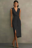 White Satin V-Neck Midi Formal Dress with Belt