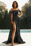 Gold Off The Shoulder Sheath Metallic Satin Prom Dress with Slit