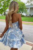 Blue Corset Flower Print A Line Sweetheart Short Homecoming Dress