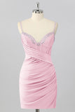 Blush Pink Corset Tight Mini Homecoming Dress with Beading