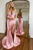 Fuchsia Mermaid Corset Spaghetti Straps Prom Dress with Slit