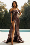 Gold Off The Shoulder Sheath Metallic Satin Prom Dress with Slit
