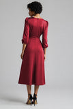 Plum Ruffled Satin A Line Midi Wedding Guest Dress