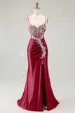 Grey Pink Spaghetti Straps Mermaid Long Prom Dress with Beading