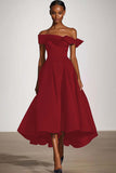 Off The Shoulder A Line Black Satin Midi Formal Dress