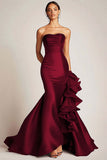 Strapless Mermaid Satin Black Tie Dress With Ruffles