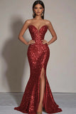 Sparkly Gold Sequins Strapless Mermaid Long Formal Dress with Slit