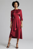 Plum Ruffled Satin A Line Midi Wedding Guest Dress