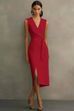 White Satin V-Neck Midi Formal Dress with Belt
