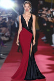 Mermaid Black White Deep V Neck Long Gala Dress