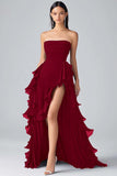 Black A Line Ruffles Chiffon Tiered Strapless Long Formal Dress with Slit