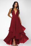 Red Deep V Neck Ruched Ruffles A Line Long Formal Dress