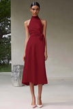 Pink A Line High Neck Ruched Tea Length Satin Formal Dress