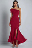 Navy Crepe One Shoulder Sheath Long Formal Dress with Slit