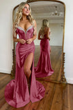 Fuchsia Mermaid Corset Spaghetti Straps Prom Dress with Slit