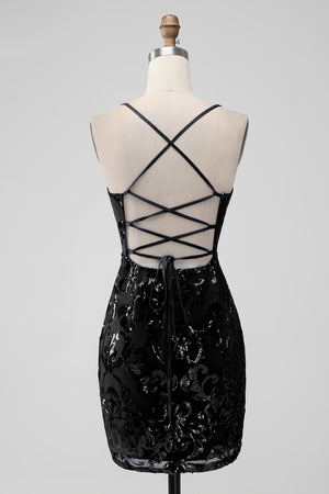 Sparkly Sequin Spaghetti Straps Tight Lace Up Cocktail Party Dress