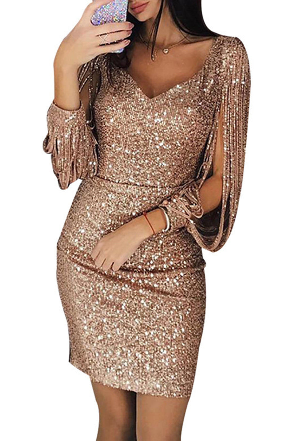 Golden Sparkly Sequin Long Sleeve Cocktail Dress