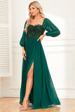 Dark Green A-Line Off The Shoulder Long Sleeves Prom Dress With Sequin