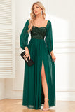 Dark Green A-Line Off The Shoulder Long Sleeves Prom Dress With Sequin
