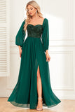 Dark Green A-Line Off The Shoulder Long Sleeves Prom Dress With Sequin
