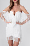 White Bodycon Off The Shoulder Short Graduation Dress With Fringe