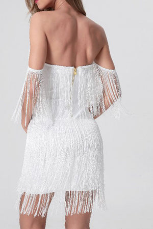 White Bodycon Off The Shoulder Short Graduation Dress With Fringe