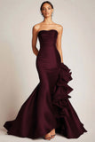 Strapless Mermaid Satin Black Tie Dress With Ruffles