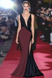 Mermaid Black White Deep V Neck Long Gala Dress