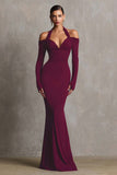 Burgundy Mermaid Halter Formal Dress with Long Sleeves
