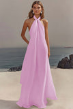 Simple White Halter A Line Chiffon Wedding Guest Dress