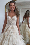 Champagne A-Line Tulle Long Prom Dress With Slit And Ruffles
