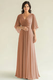 Agave Chiffon Pleated Flare Sleeves V Neck Mother of The Bride Dress