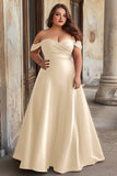 Plus Size Dark Green Off The Shoulder Satin A Line Formal Dress