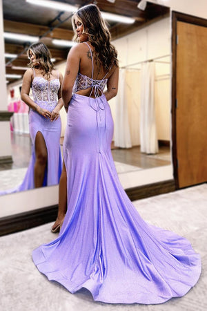 Sparkly Lilac Mermaid Spaghetti Straps Sweep Train Prom Dress With Slit
