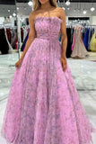 Cute A-Line Strapless Floor Length Print Pink Prom Party Dress