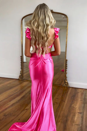 Hot Pink Satin Cutout Waist Mermaid Long Prom Dress With Flower