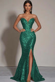 Sparkly Gold Sequins Strapless Mermaid Long Formal Dress with Slit