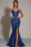 Sparkly Gold Sequins Strapless Mermaid Long Formal Dress with Slit
