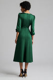 Plum Ruffled Satin A Line Midi Wedding Guest Dress